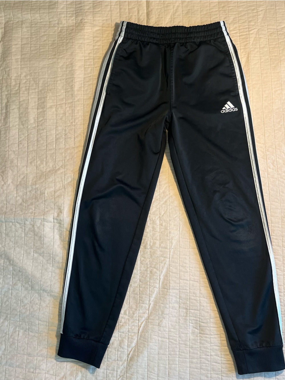 adidas Black Joggers with White Side Stripes - Kids Flaws**